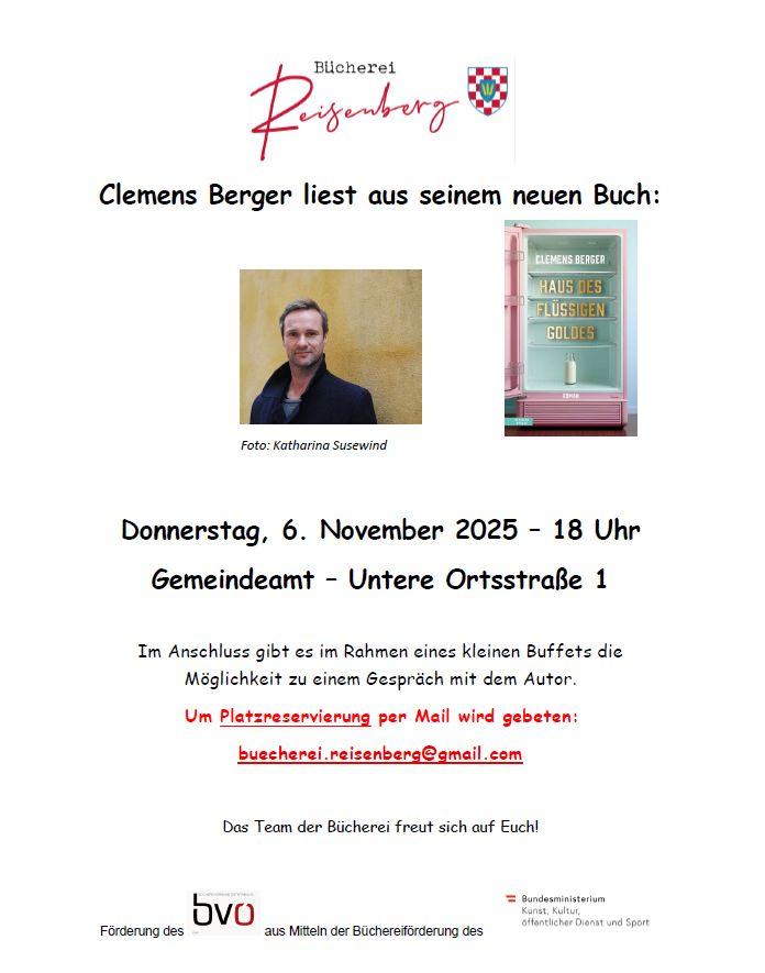 Clemens Berger liest aus seinem neuen Buch: "Haus des flüssigen Goldes" am Donnerstag dem 6. November 2025 um 18 Uhr im Gemeindeamt Reisenberg, Untere Ortsstraße 1, 2440 Reisenberg