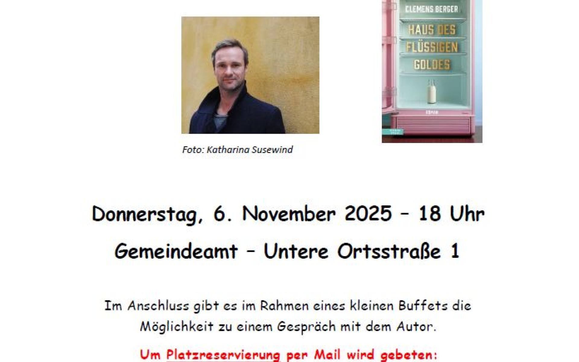 Clemens Berger liest aus seinem neuen Buch: "Haus des flüssigen Goldes" am Donnerstag dem 6. November 2025 um 18 Uhr im Gemeindeamt Reisenberg, Untere Ortsstraße 1, 2440 Reisenberg