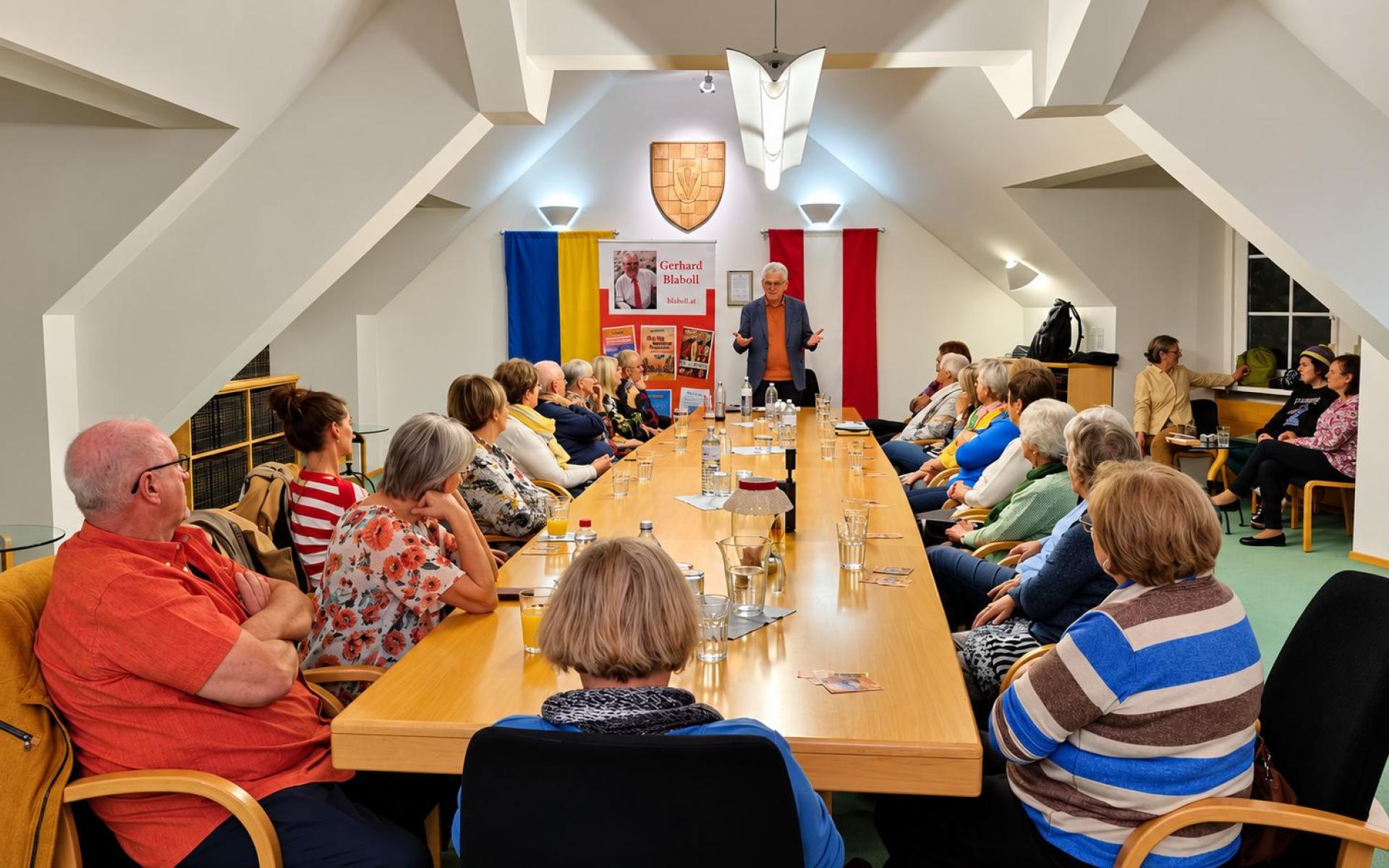 Foto: Der Autor und die Zuhörer im Gemeindehaus Reisenberg