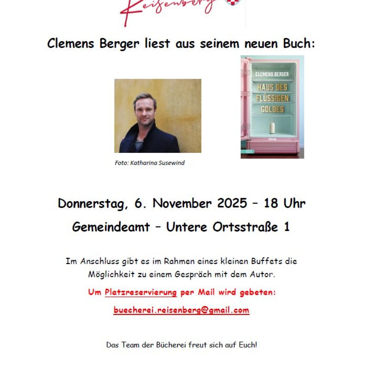 Clemens Berger liest aus seinem neuen Buch: "Haus des flüssigen Goldes" am Donnerstag dem 6. November 2025 um 18 Uhr im Gemeindeamt Reisenberg, Untere Ortsstraße 1, 2440 Reisenberg